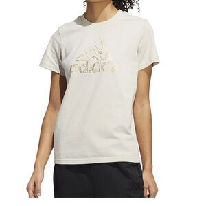 Adidas tan holiday graphic with gold foil logo